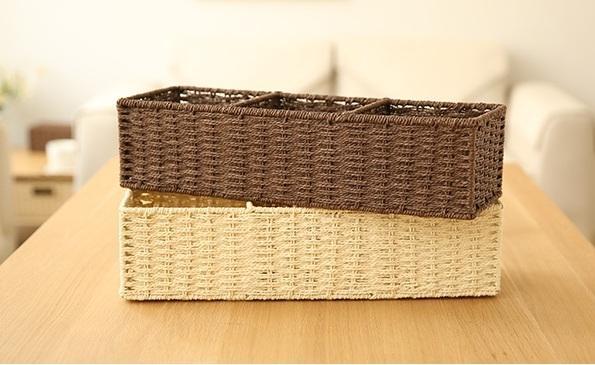 Woven Straw Storage basket with 3 Compartments, Wicker Storage Basket, Rectangle Storage Basket for Living Room-HomePaintingDecor