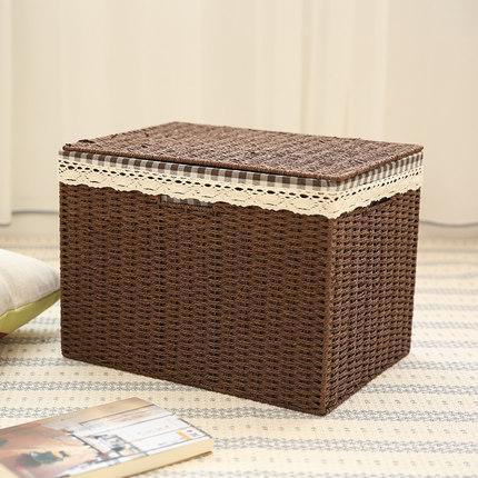 Large Deep Brown / Cream Color Woven Straw basket with Cover, Storage Basket for Toys, Rectangle Storage Basket, Storage Basket for Clothes-HomePaintingDecor