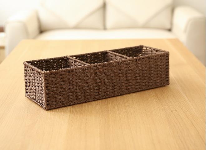 Woven Straw Storage basket with 3 Compartments, Wicker Storage Basket, Rectangle Storage Basket for Living Room-HomePaintingDecor