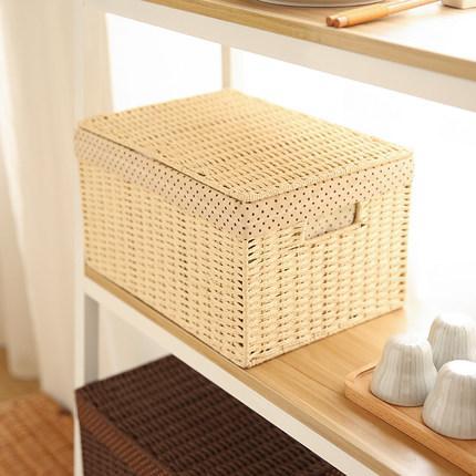Storage Basket, Rectangle Basket, Deep Brown / Cream Color Woven Straw basket with Cover-HomePaintingDecor