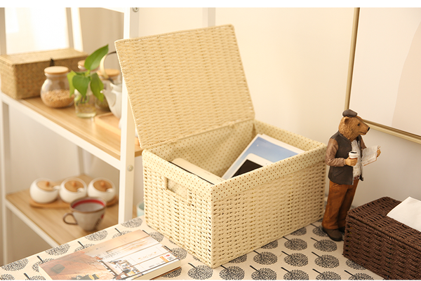 Storage Basket, Rectangle Basket, Deep Brown / Cream Color Woven Straw basket with Cover-HomePaintingDecor