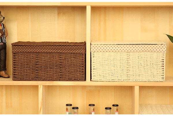 Storage Basket, Rectangle Basket, Deep Brown / Cream Color Woven Straw basket with Cover-HomePaintingDecor