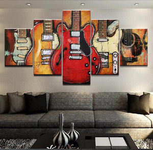 5 Piece Abstract Painting, Guitar Painting, Large Paintings for Living Room, Modern Abstract Painting, Musical Instrument Painting-HomePaintingDecor