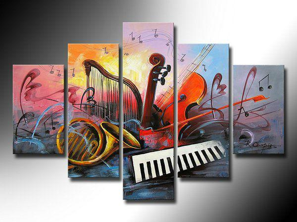 Music Painting, Modern Paintings for Living Room, Abstract Acrylic Painting, Violin, Saxophone, Harp, 5 Piece Abstract Wall Art Paintings-HomePaintingDecor