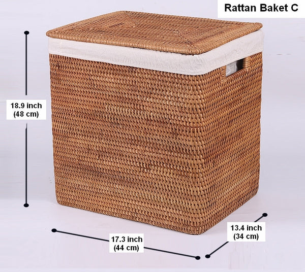 Storage Baskets for Bathroom, Rectangular Storage Baskets, Large Brown Rattan Storage Baskets, Storage Basket with Lid, Storage Baskets for Clothes-HomePaintingDecor