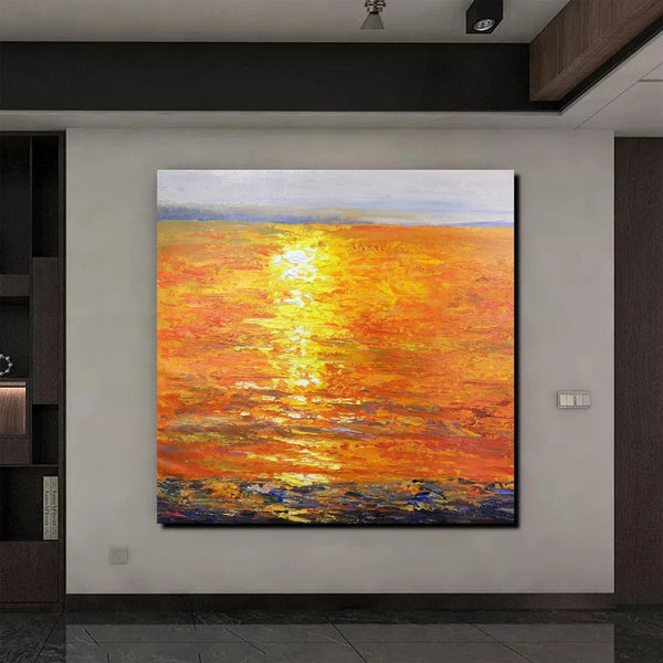 Landscape Acrylic Paintings, Sunrise Seascape Painting, Modern Wall Art Paintings, Heavy Texture Painting, Large Painting Behind Sofa-HomePaintingDecor