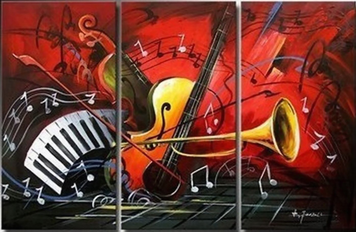 Abstract Art, Red Abstract Painting, Bedroom Wall Art, Violin, Horn, Guitar Painting, Extra Large Painting-HomePaintingDecor