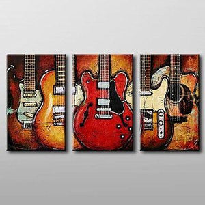 Modern Abstract Painting, 3 Piece Canvas Art, Red Abstract Painting, Electric Guitar Painting, Canvas Painting for Living Room-HomePaintingDecor