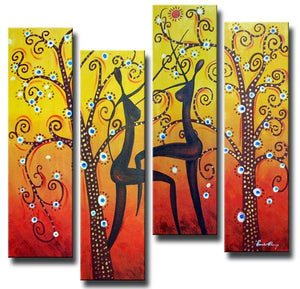 Tree of Life Painting, African Girl Painting, 4 Piece Canvas Paintings, Abstract Figure Art, Abstract Wall Art Paintings-HomePaintingDecor