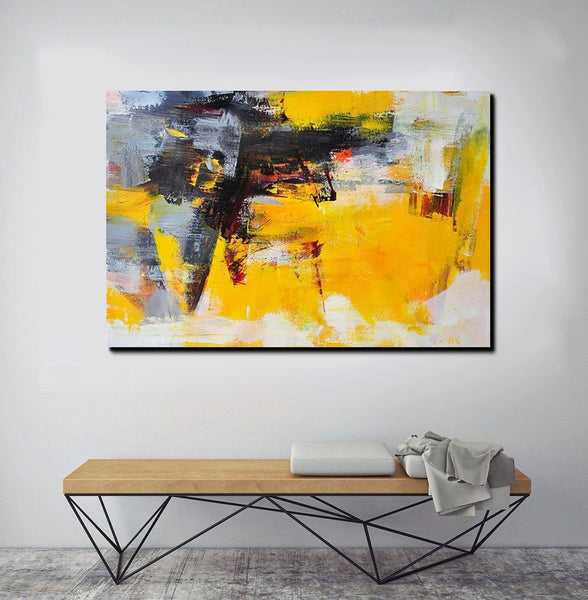 Living Room Modern Paintings, Yellow Acylic Abstract Paintings, Large Painting Behind Sofa, Buy Abstract Painting Online, Simple Modern Art-HomePaintingDecor