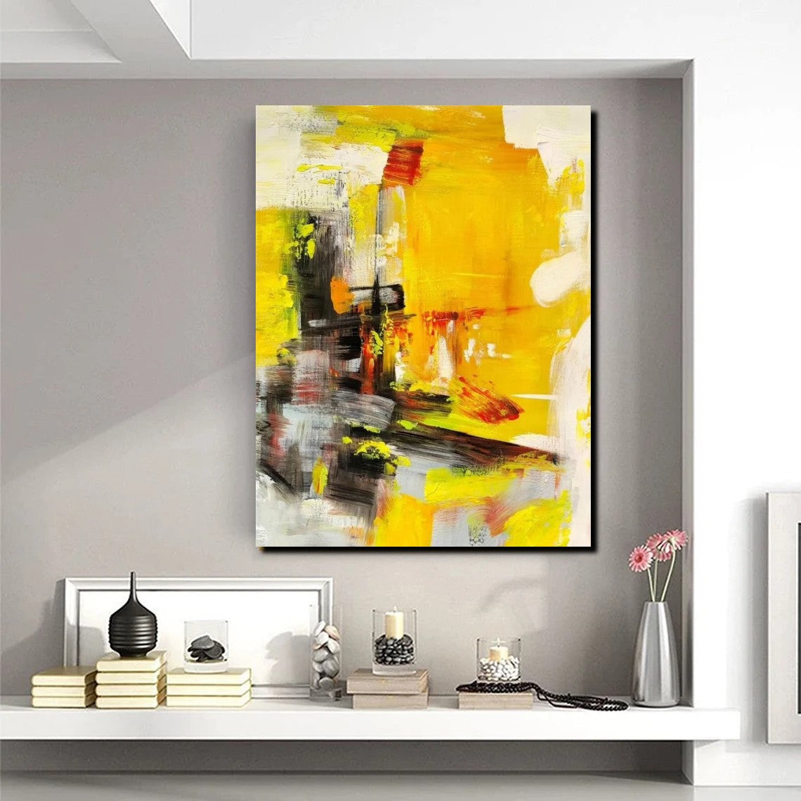 Large Canvas Paintings Behind Sofa, Acrylic Painting for Living Room, Yellow Contemporary Modern Art, Buy Large Paintings Online-HomePaintingDecor