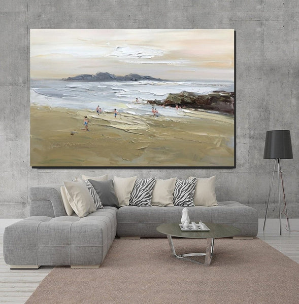 Acrylic Paintings on Canvas, Beach Seashore Paintings, Large Paintings for Bedroom, Landscape Painting for Living Room, Palette Knife Paintings-HomePaintingDecor