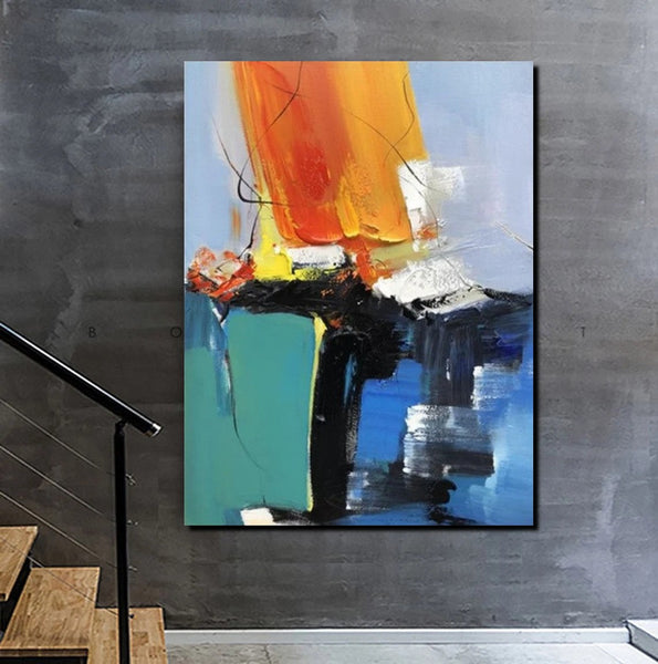 Acrylic Paintings on Canvas, Large Paintings Behind Sofa, Abstract Painting for Living Room, Blue Modern Paintings, Palette Knife Paintings-HomePaintingDecor