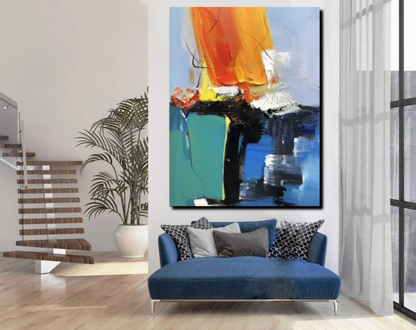 Acrylic Paintings on Canvas, Large Paintings Behind Sofa, Abstract Painting for Living Room, Blue Modern Paintings, Palette Knife Paintings-HomePaintingDecor