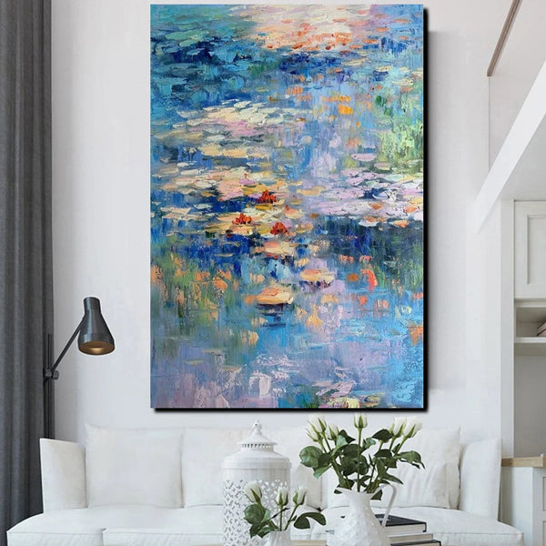 Acrylic Paintings on Canvas, Large Paintings for Bedroom, Landscape Painting for Living Room, Water Lily Paintings, Palette Knife Paintings-HomePaintingDecor