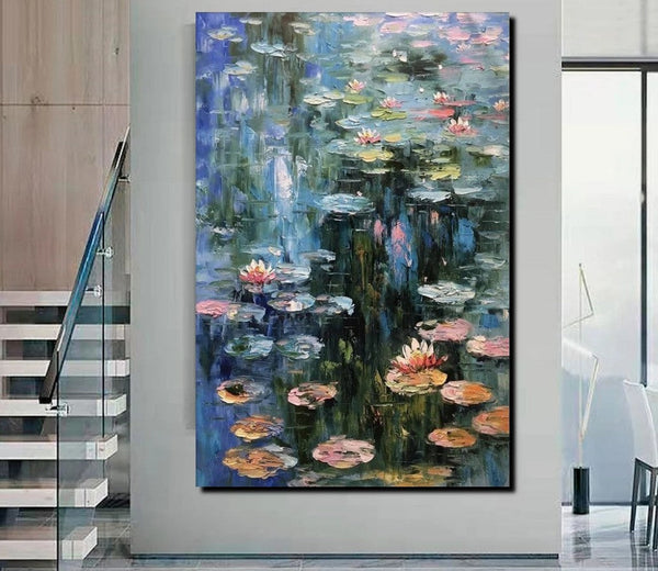 Large Paintings on Canvas, Canvas Paintings for Bedroom, Landscape Painting for Living Room, Water Lily Paintings, Heavy Texture Paintings-HomePaintingDecor