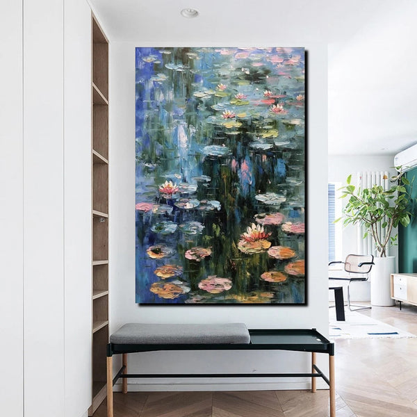 Large Paintings on Canvas, Canvas Paintings for Bedroom, Landscape Painting for Living Room, Water Lily Paintings, Heavy Texture Paintings-HomePaintingDecor