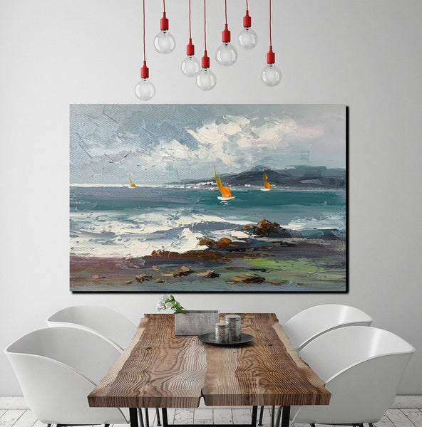 Large Paintings on Canvas, Canvas Paintings Behind Sofa, Landscape Painting for Living Room, Sail Boat at Sea Paintings, Heavy Texture Paintings-HomePaintingDecor
